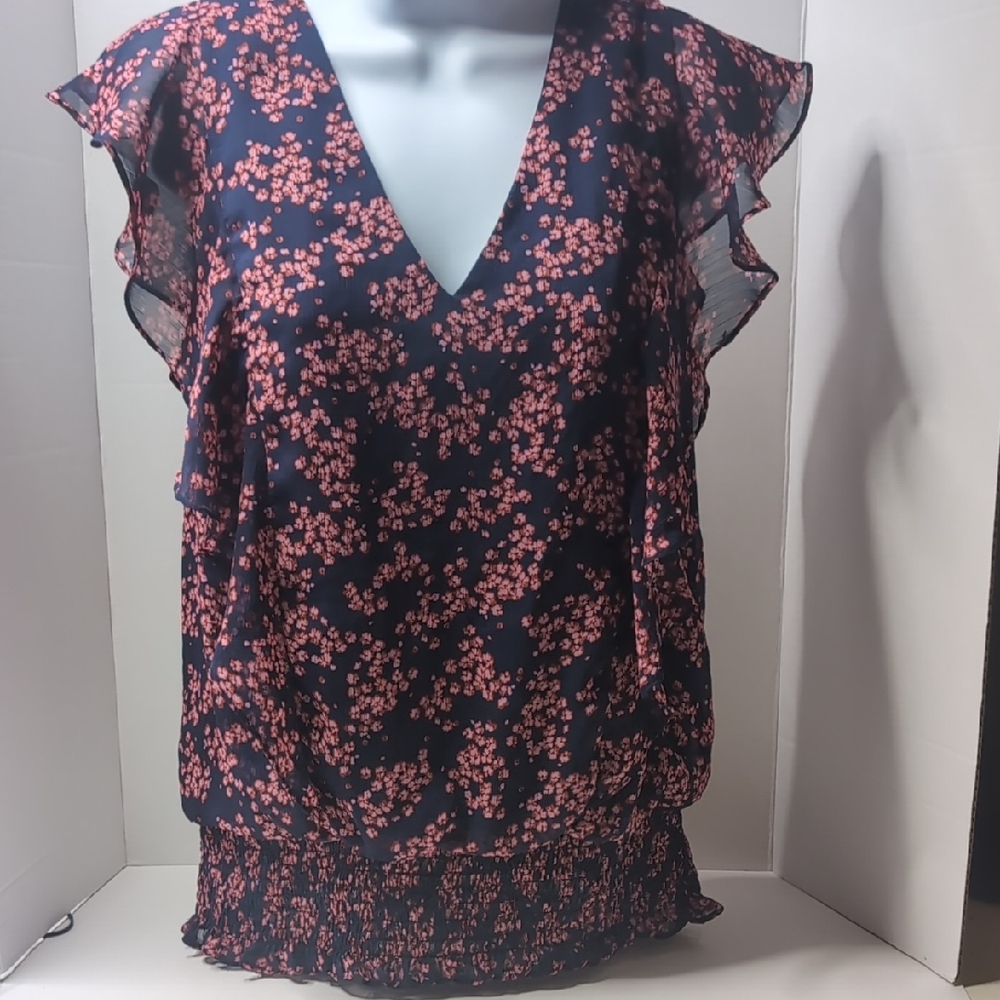 CeCe Navy and Coral Floral Ruffle Blouse